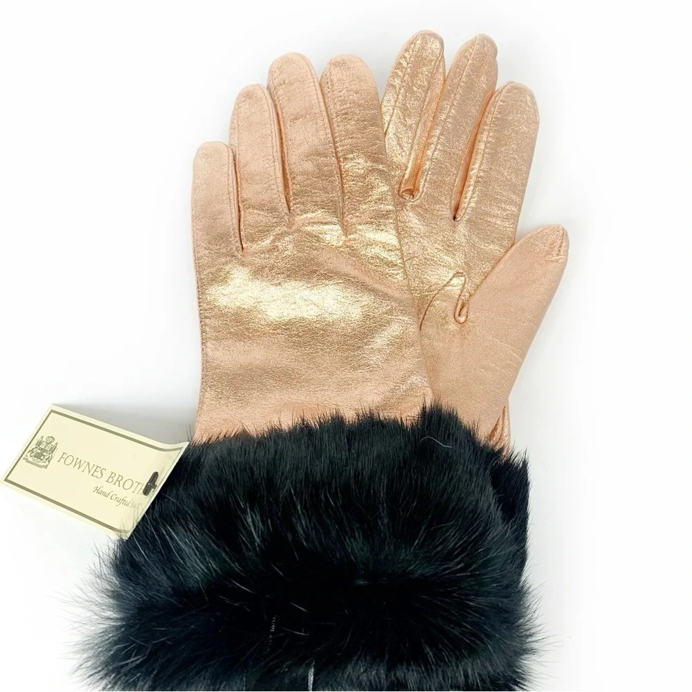 Rose Gold Leather Gloves With Plush Fur Cuffs Size 7